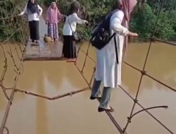 Bertaruh Nyawa Demi Tugas, Sejumlah Guru SD  Seberangi Jembatan Rusak